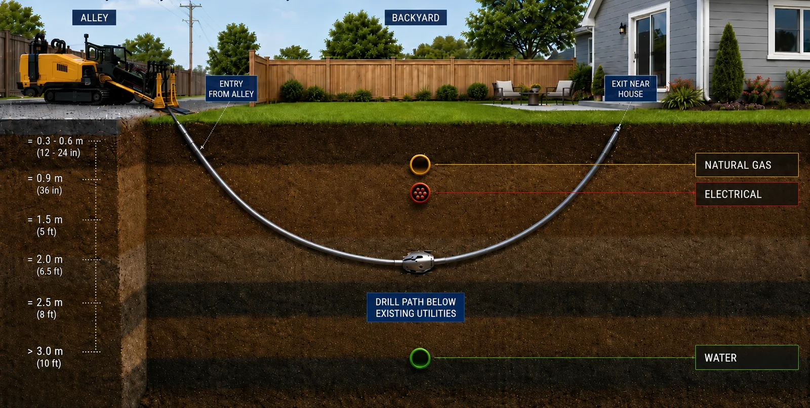 Cutaway diagram of a residential HDD bore: entry from the alley, drill path passing below natural gas, electrical and water lines, exiting near the house